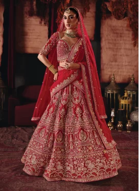 Silk Readymade Lehenga Choli in Red with Embroidered Work for Women