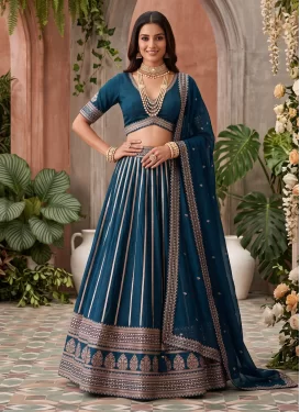 Silk Readymade Lehenga Choli in Teal with Embroidered Work for Ceremonial