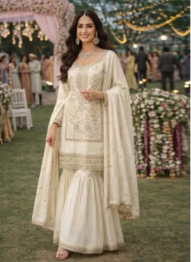 Silk Sharara Suit with Embroidered Work for Festival in Cream