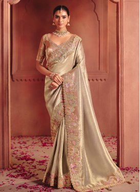 Silk Traditional Saree in Beige with Embroidered Work for Women