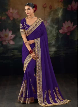 Silk Traditional Saree with Booti Work for Ceremonial in Violet