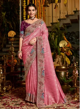 Silk Traditional Saree with Cutdana Work for Bridal in Pink