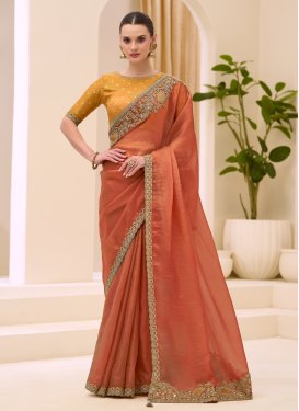 Silk Traditional Saree with Embroidered Work for Festival in Orange