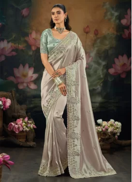 Silk Traditional Saree with Embroidered Work for Festival in Silver Color