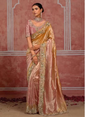 Silk Trendy Saree with Beads Work for Bridal in Peach and Salmon