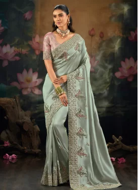 Silk Trendy Saree with Embroidered Work in Aqua Blue