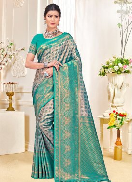 Silver Color and Turquoise Woven Work Designer Contemporary Style Saree