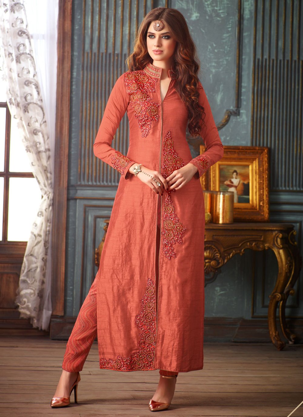 Buy Suits for Eid Banarasi Silk Coral Peach Trouser Suit LSTV113673