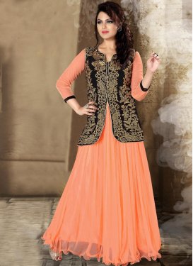 Sophisticated Peach And Black Color Party Wear Readymade Gown