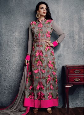 Specialised Grey Color Net Ankle Length Designer Salwar Kameez