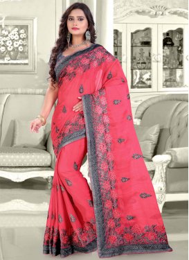 Spellbinding Faux Chiffon Rose Pink Embroidered Work Designer Traditional Saree For Ceremonial