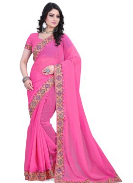 Spellbinding Lace Work Hot Pink Color Casual Saree