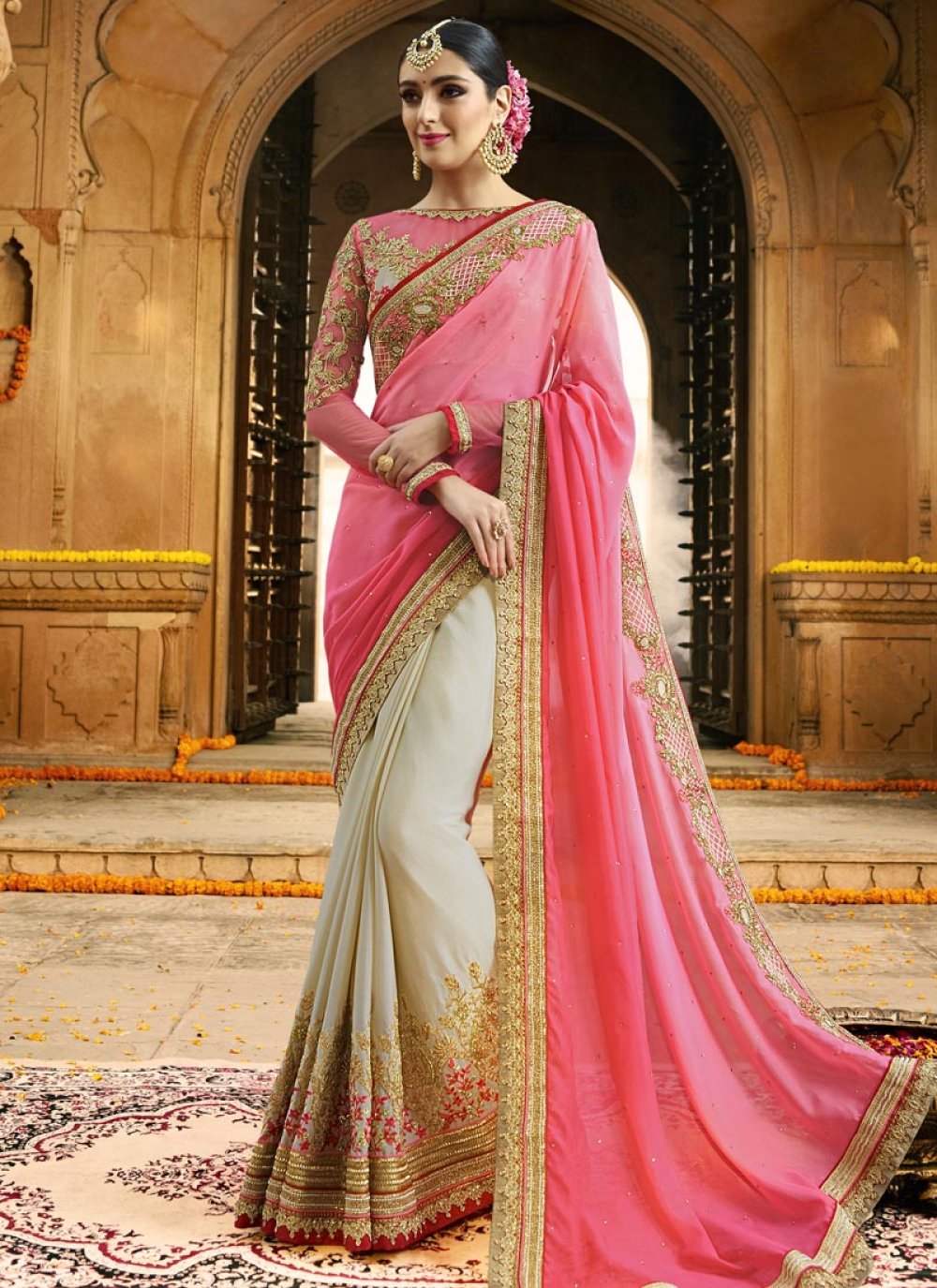 Buy Navy Blue and Rose Pink Chiffon Satin Designer Half N Half Saree Online