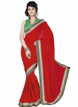 Staring Crimson Color Lace Work Party Wear Saree
