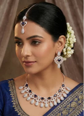 Stone Work Blue and White Necklace Set for Festival
