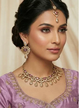 Stone Work Lavender and White Gold Rodium Polish Necklace Set