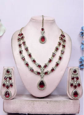 Stone Work Red and White Alloy Necklace Set