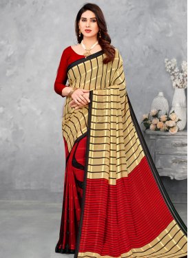 Strips Print Work Beige and Red Traditional Saree