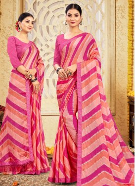 Strips Print Work Peach and Rose Pink Traditional Designer Saree