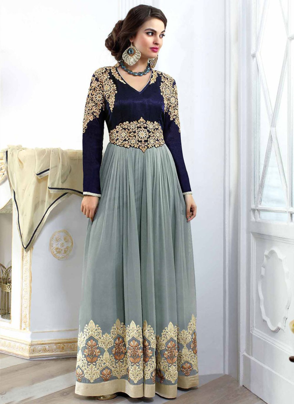 Stylish Navy Blue Color Velvet Designer Salwar Kameez