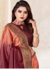 Burgundy and Coral Lace Work Designer Traditional Saree - 1
