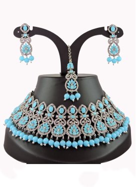 Sumptuous Alloy Beads Work Light Blue and Silver Color Silver Rodium Polish Necklace Set
