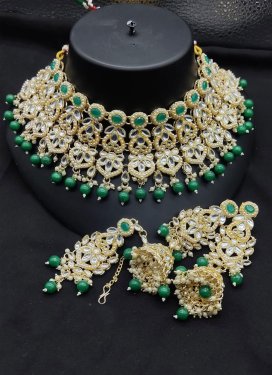 Sumptuous Alloy Green and Off White Beads Work Necklace Set