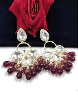 Sumptuous Beads Work Maroon and White Gold Rodium Polish Earrings