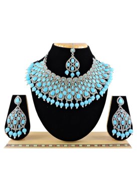 Sumptuous Firozi and Silver Color Silver Rodium Polish Necklace Set