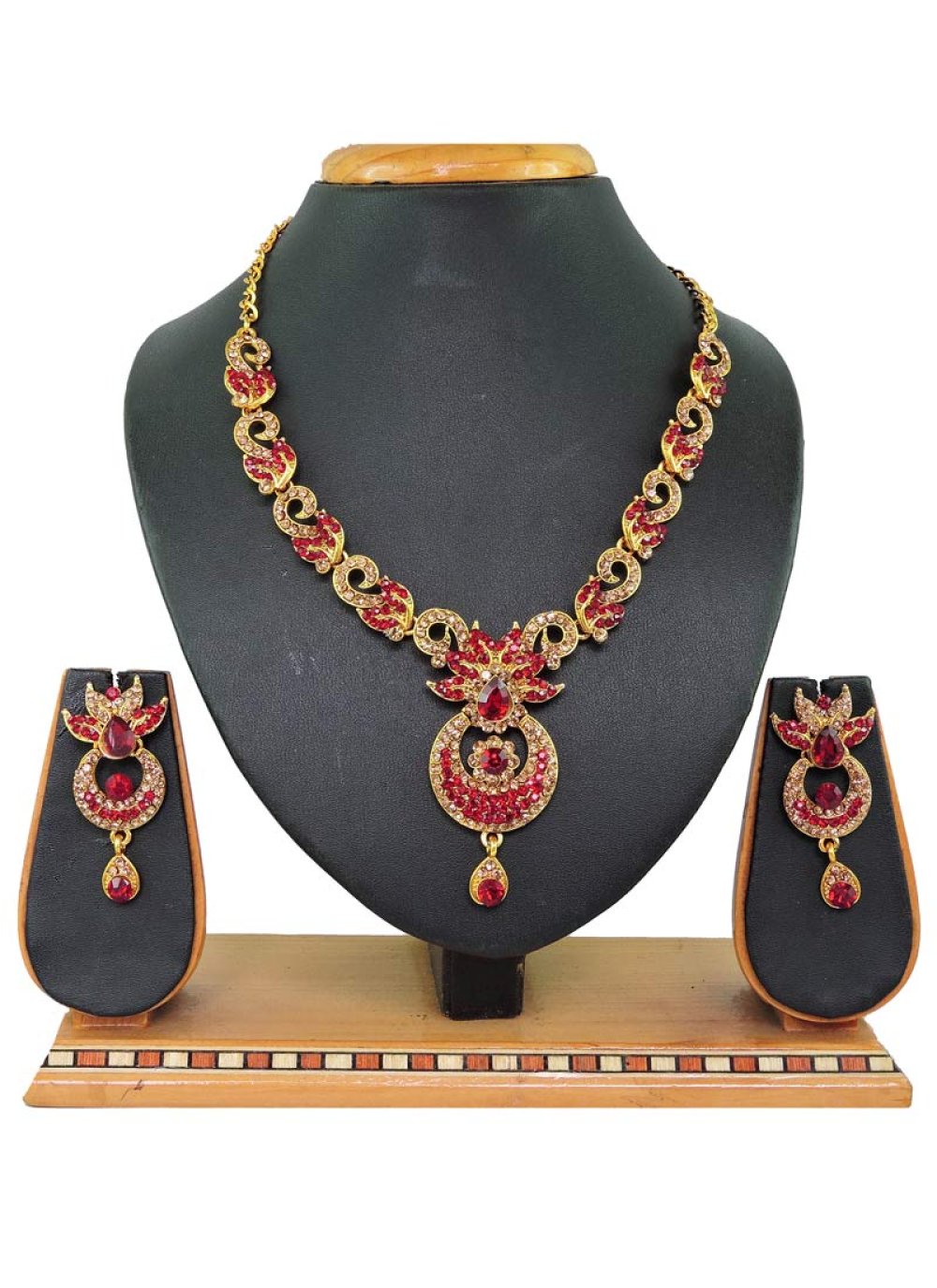 Sumptuous Gold Rodium Polish Beads Work Alloy Gold and Red Necklace Set For Ceremonial