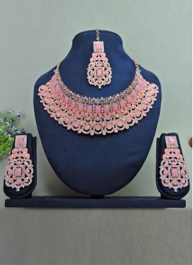 Sumptuous Gold Rodium Polish Pink and White Necklace Set For Festival