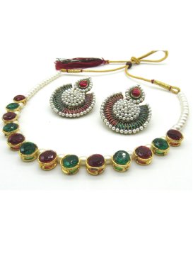 Sumptuous Green and Maroon Moti Work Gold Rodium Polish Necklace Set