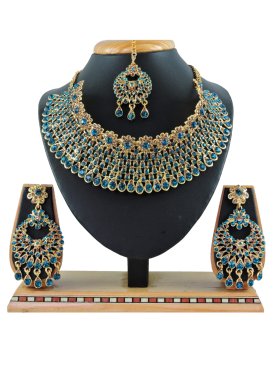 Superb Alloy Gold Rodium Polish Gold and Teal Stone Work Necklace Set
