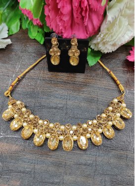 Superb Alloy Gold Rodium Polish Gold and Yellow Moti Work Necklace Set