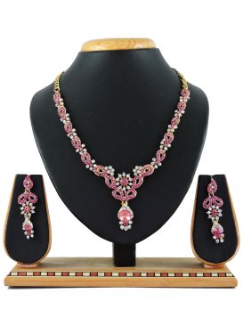 Superb Alloy Gold Rodium Polish Hot Pink and White Stone Work Necklace Set