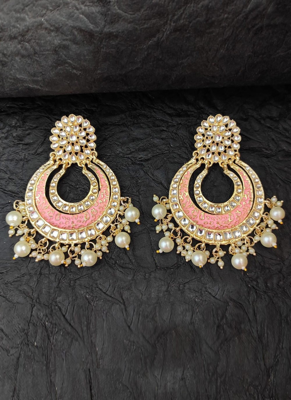 Superb Alloy Gold Rodium Polish Moti Work Pink and White Earrings