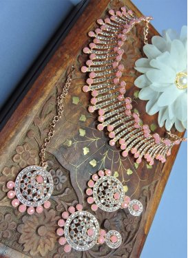 Superb Alloy Stone Work Pink and White Gold Rodium Polish Necklace Set