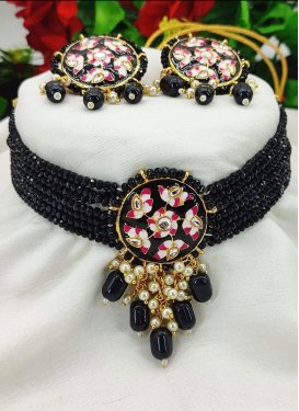 Superb Beads Work Black and Rose Pink Necklace Set for Party