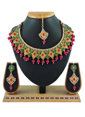 Superb Beads Work Gold and Green Alloy Necklace Set