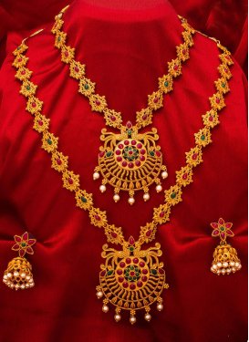 Superb Beads Work Gold and Green Necklace Set for Bridal