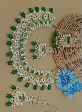 Superb Beads Work Green and White Gold Rodium Polish Necklace Set