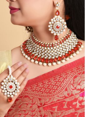 Superb Beads Work Red and White Alloy Necklace Set