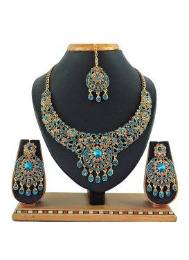 Superb Gold Rodium Polish Alloy Teal and White Necklace Set