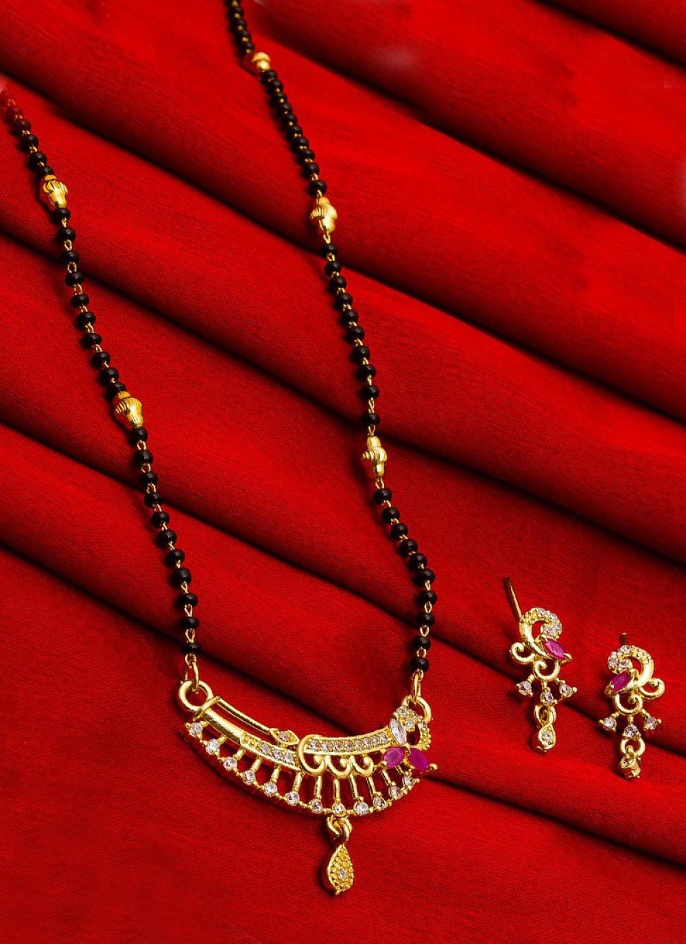 Superb Gold Rodium Polish Beads Work Alloy Black and Rose Pink Mangalsutra Set For Ceremonial