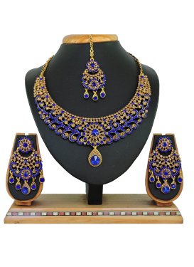 Superb Gold Rodium Polish Blue and Gold Necklace Set For Festival
