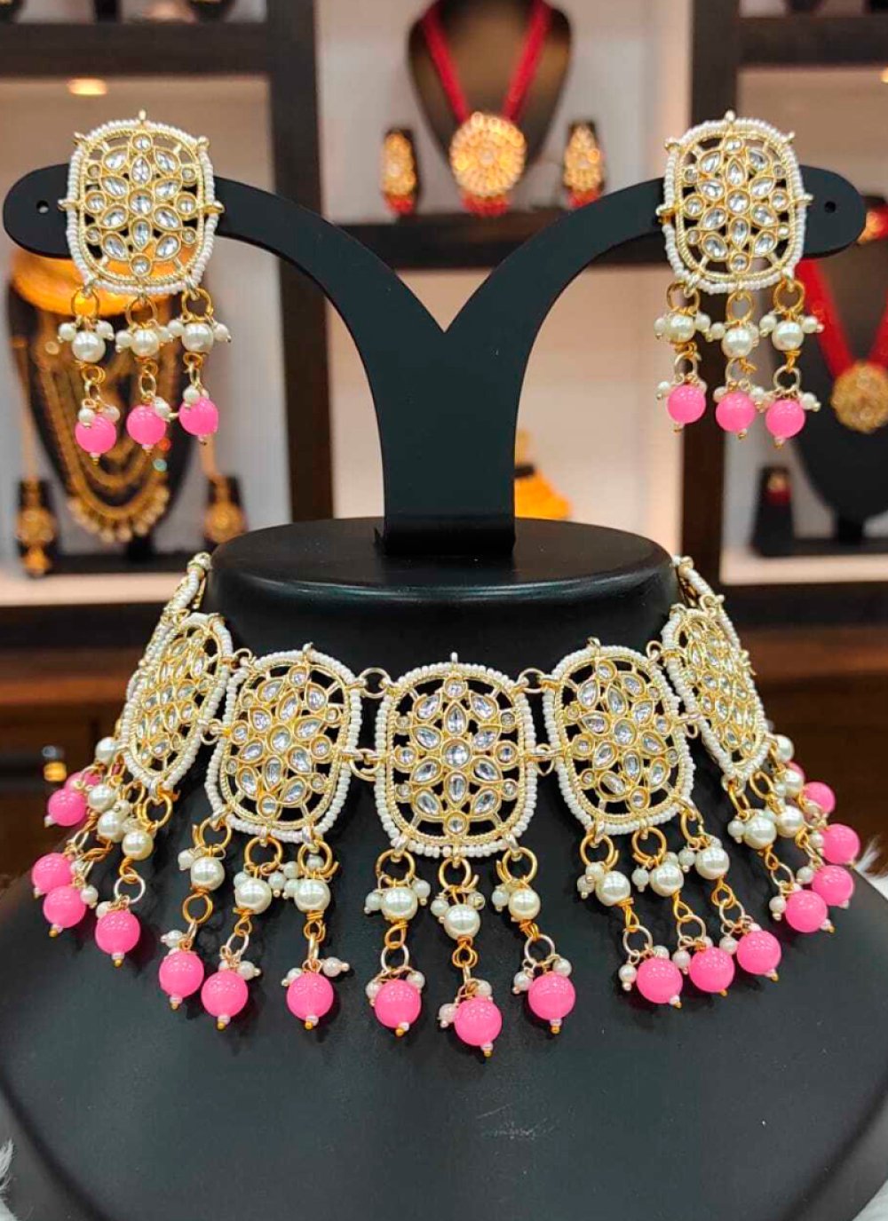 Superb Gold Rodium Polish Off White and Pink Moti Work Necklace Set