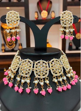 Superb Gold Rodium Polish Off White and Pink Moti Work Necklace Set