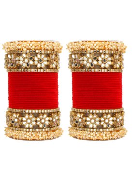Superb Gold Rodium Polish Off White and Red Beads Work Bangles