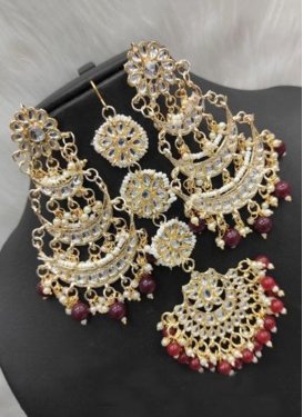Superb Maroon and White Beads Work Earrings For Festival