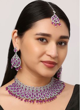 Superb Purple and White Beads Work Alloy Gold Rodium Polish Necklace Set